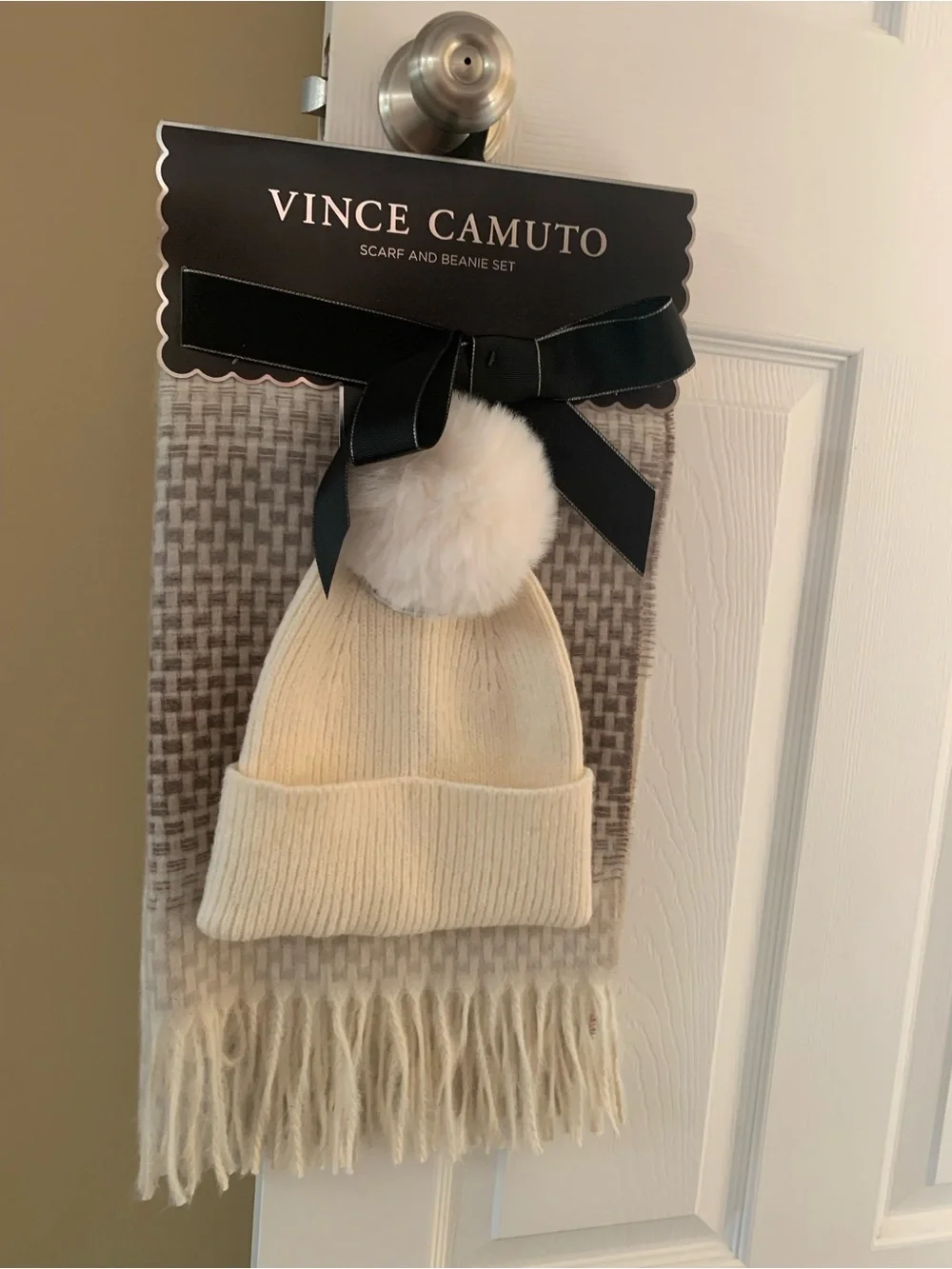 Vince Camuto Ivory Knit Beanie with Faux Fur Pom & Cream Plaid Scarf